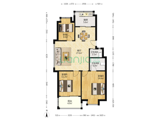 峰华雅苑 3室1厅2卫 89平方