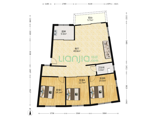 美好花园 3室1厅1卫 129平方