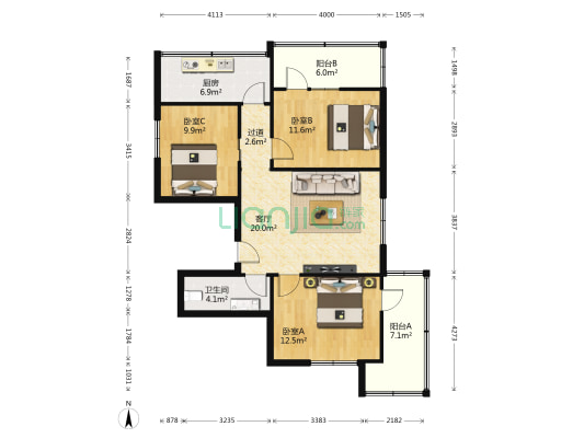 文景路15号 3室1厅1卫 88平方