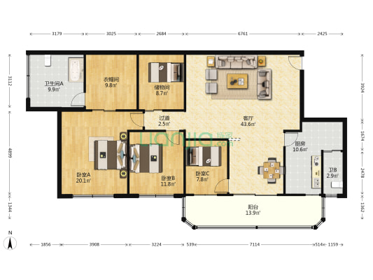 乐景大厦 3室1厅2卫 164平方