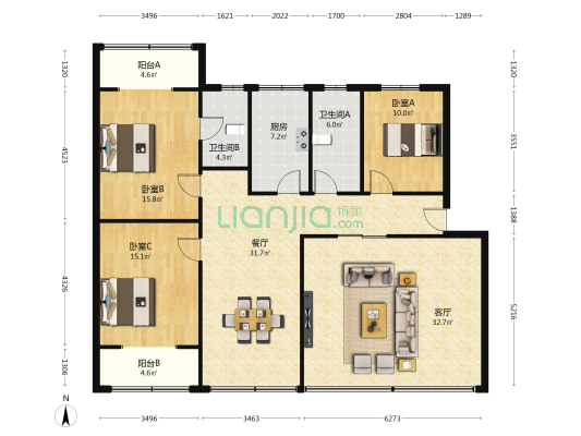 青电花园 3室2厅2卫 147平方