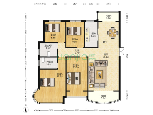 腾威城二号院 4室1厅2卫 157平方