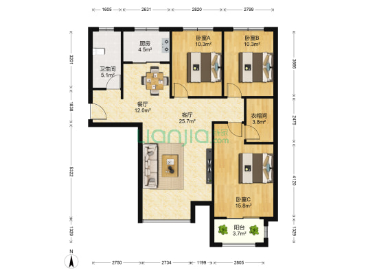 水印莱茵 3室2厅1卫 134平方