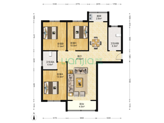 深港城 3室1厅2卫 127平方