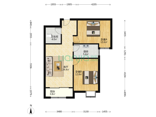 德信公园旁，大两居，南向，能看见公园景观-户型图