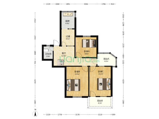 龙腰干休所宿舍 3室1厅1卫 87平方