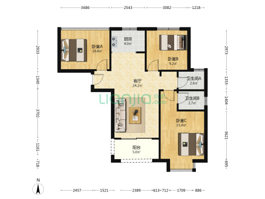 龙栖湾2号院 3室1厅2卫 90平方