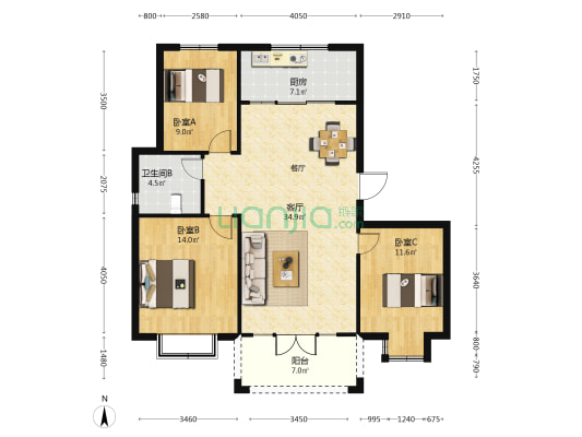 尧王香山丽墅 3室1厅1卫 145平方