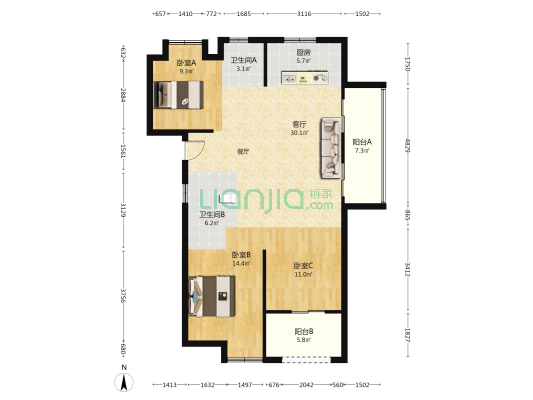 恒荣广场 3室1厅2卫 112平方