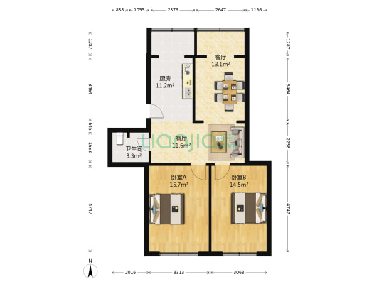 税務小區处长楼 2室2厅1卫 92平方