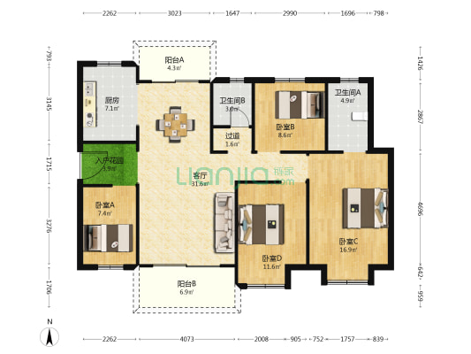 长沙北中心保利时代B区 4室1厅2卫 139平方