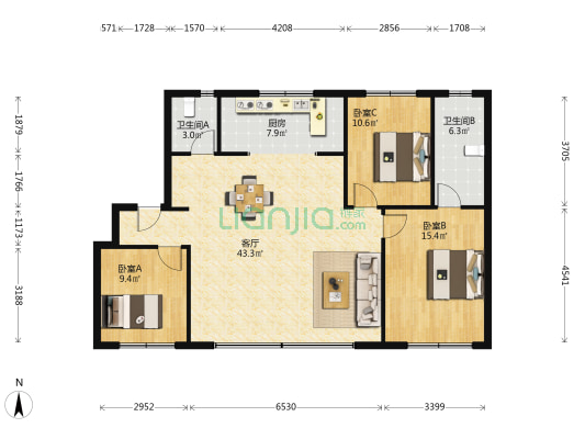 大连九里保利城 3室1厅2卫 115平方
