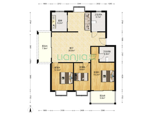 盛世嘉园 3室1厅2卫 119平方