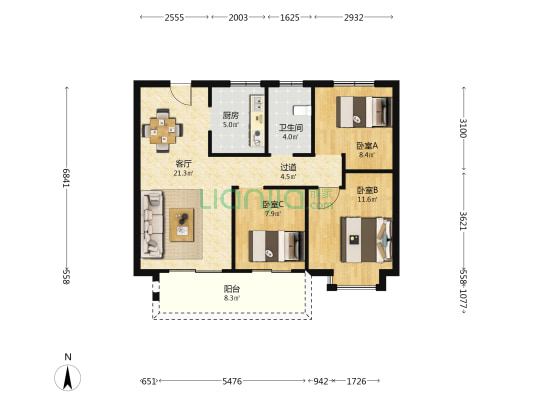 世茂璀璨泱上 3室1厅1卫 97平方