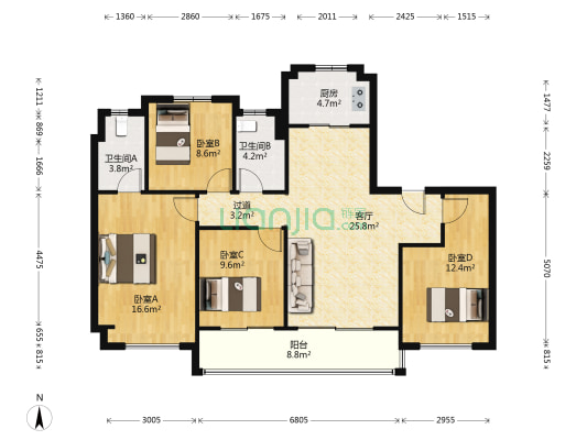江滨ONE 4室1厅2卫 127平方