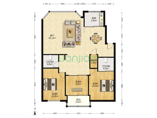 清荷小区 3室1厅2卫 140平方