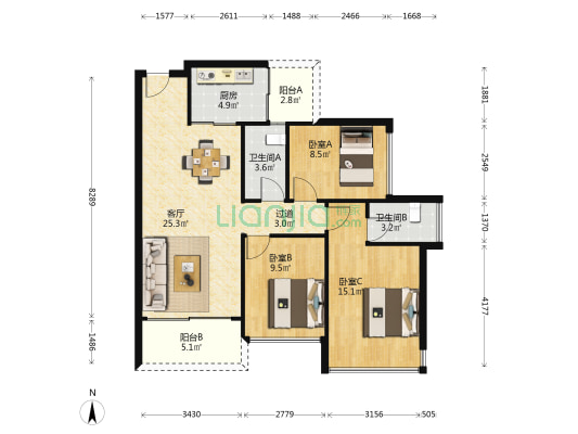 金丰壹方城 3室1厅2卫 95平方