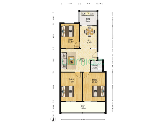 香源小区(名品苑) 3室2厅1卫 105平方