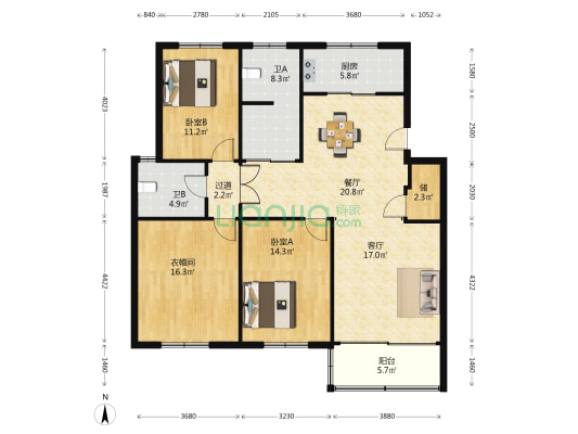 贯庄小区二村 2室2厅2卫 131平方
