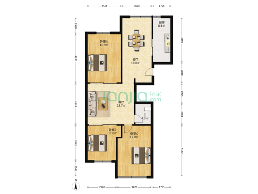 擎天华庭 3室2厅1卫 136平方