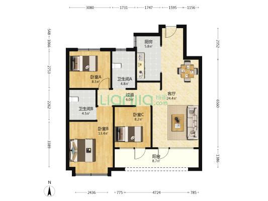 融创中心融辉 3室1厅2卫 118平方