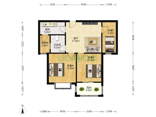 阳光小区(沛县) 3室1厅1卫 95平方