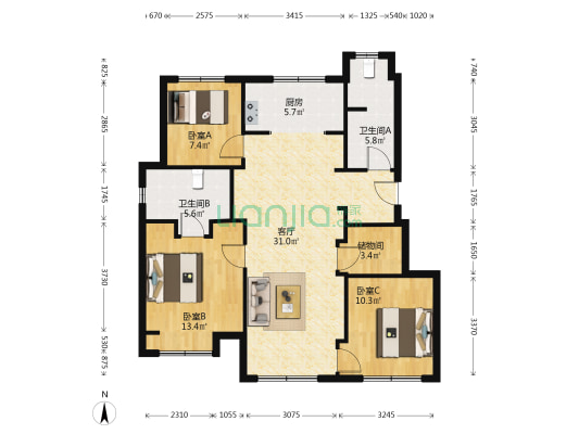 万科莫亚小镇6期 3室1厅2卫 107平方