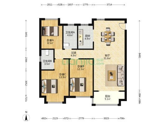 中昂玥府 3室1厅2卫 122平方