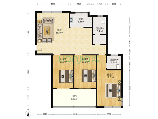 御驾新苑A区 3室1厅2卫 133平方