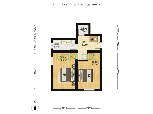 北河沿大街 2室1厅1卫 52平方