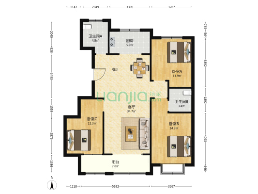 基业萃英园 3室1厅2卫 127平方
