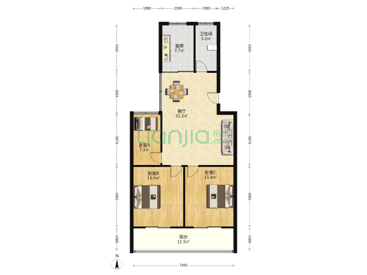 盈佳城市经典花苑 3室1厅1卫 125平方