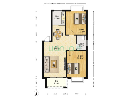 恒生嘉园 2室1厅1卫 79平方