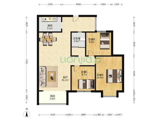 海棠花语 3室1厅1卫 106平方