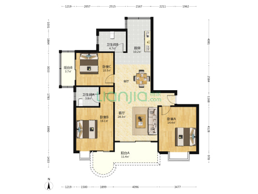纺鑫苑 3室1厅2卫 130平方