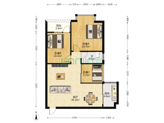 大天下 3室1厅1卫 91平方