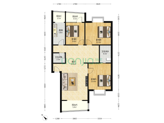 双楠风景一期 3室1厅2卫 109平方