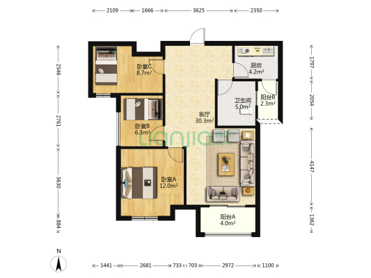 艾美潇湘 3室1厅1卫 93平方