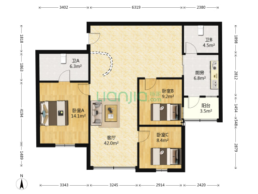 杏花新村 3室1厅2卫 105平方