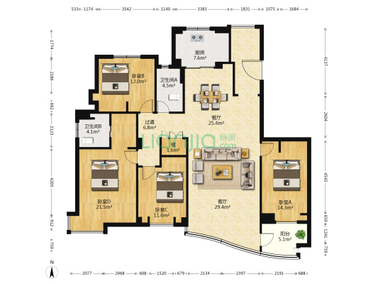 虹桥花园 4室2厅2卫 181平方