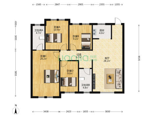 惠港新城 4室1厅2卫 121平方