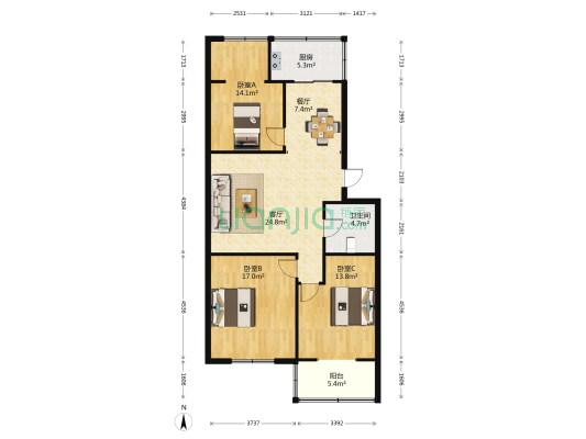 庙前街15号院地税宿舍 3室2厅1卫 105平方