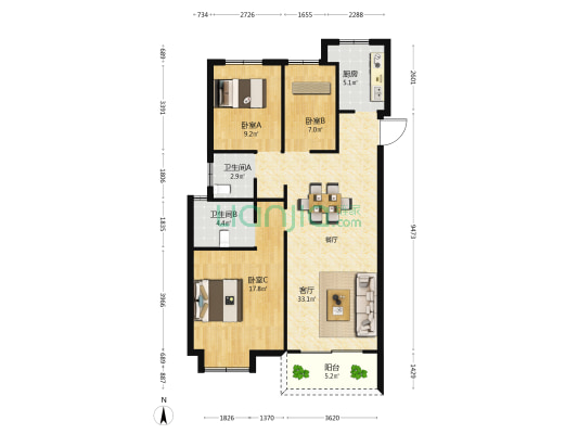 南辰名都 3室1厅2卫 110平方