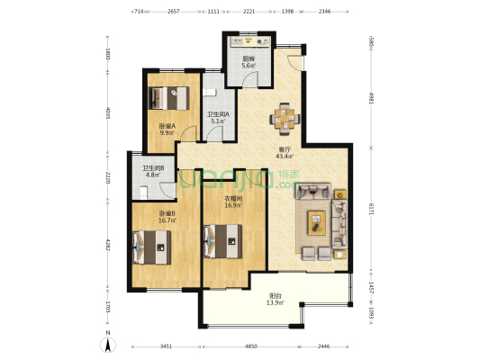 颐和府邸B区 2室1厅2卫 135平方