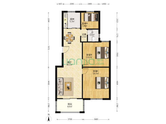 景盛花园 3室1厅1卫 106平方