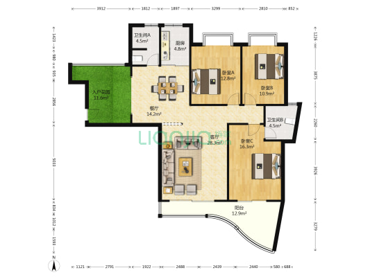 滨江金座 3室2厅2卫 140平方