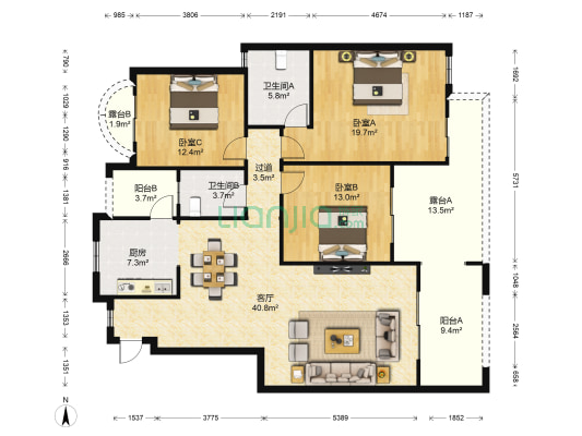 蓝光十里蓝山 3室1厅2卫 131平方