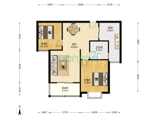 天龙湾花园 2室1厅1卫 96平方