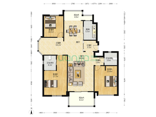 万里阳光水岸 3室1厅2卫 153平方