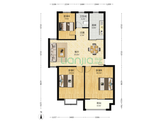 向阳家园 3室1厅1卫 102平方